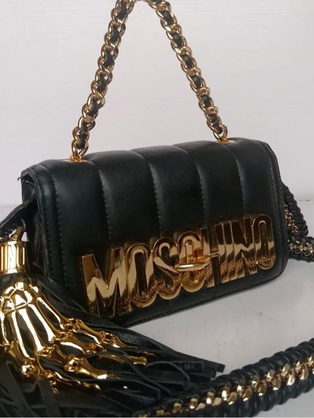 Moschino Black Quilted Mini Skeleton Crossbody Bag with Gold Logo & Chain Tassel - Picture 3 of 9
